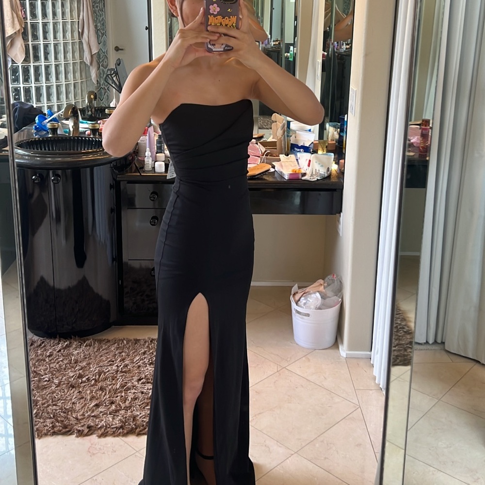 Black, high slit, strapless prom dress